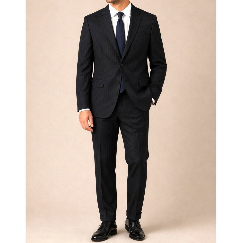 Brooks Brothers 346 Stretch Wool Pinstripe Suit Mens 34W 31L Navy Blue 21262-027